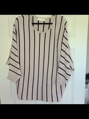 Chelsea & Theodore Women’s Plus 1X Beige/Black Striped Scoop Rib Knit Sweater